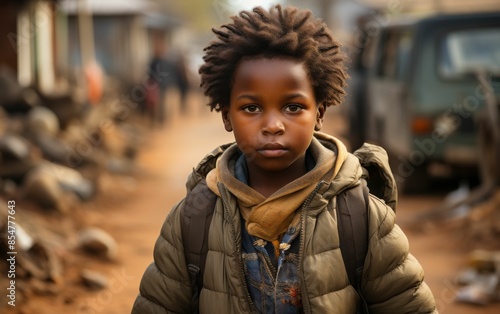 A young boy wearing a green jacket and a backpack stands in front of a car © imagineRbc