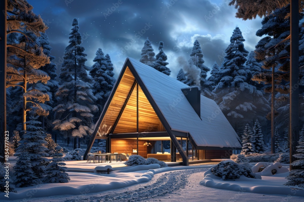 Fototapeta premium Minimalist Snowy Cabin at Night 3D Rendering - Tranquil Winter Scene, Concept of Minimalist Architecture