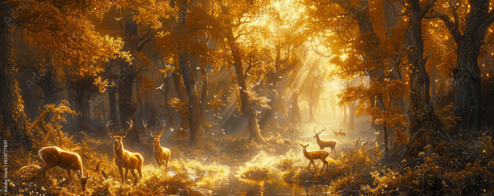 Naklejka premium A tranquil woodland glade illuminated by shafts of golden sunlight, with deer grazing among the trees.