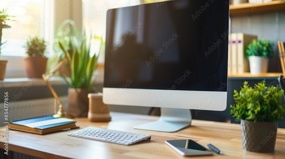 Close up Minimalistic workspace with computer modern designer desktop with blank computer screen, office equipment decorations on table. Mock up Close up Minimalistic workspace with computer modern designer desktop with blank computer screen, office equipment decorations on table. Mock up