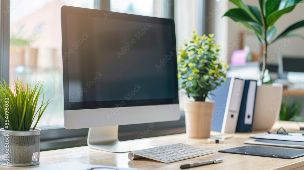 Close up Minimalistic workspace with computer modern designer desktop with blank computer screen, office equipment decorations on table. Mock up Close up Minimalistic workspace with computer modern designer desktop with blank computer screen, office equipment decorations on table. Mock up