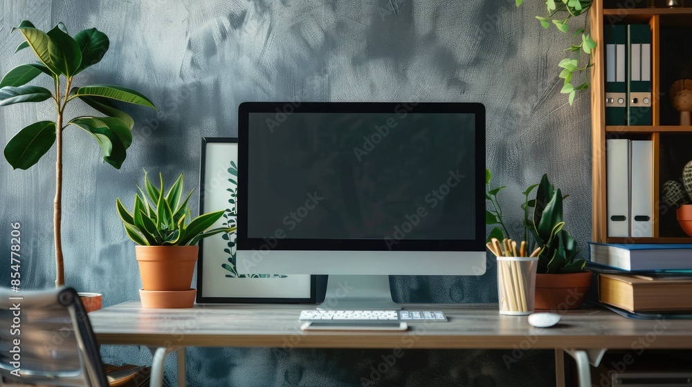 Close up Minimalistic workspace with computer modern designer desktop with blank computer screen, office equipment decorations on table. Mock up Close up Minimalistic workspace with computer modern designer desktop with blank computer screen, office equipment decorations on table. Mock up