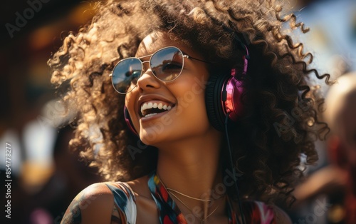 A woman with curly hair is smiling and wearing sunglasses and headphones