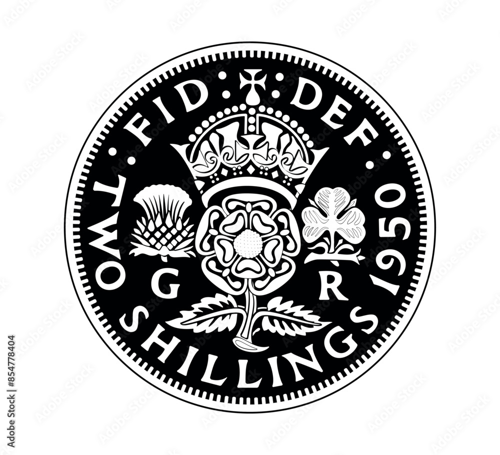 Obraz premium Vector British money gold coin. Two shillings, King George VI florin with crowned rose, thistle and shamrock, Rosa Tudor - emblem of England.