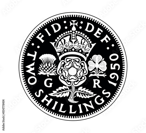 Vector British money gold coin. Two shillings, King George VI florin with crowned rose, thistle and shamrock, Rosa Tudor - emblem of England.
