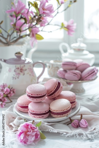 pink and purple macarons on a white plate, a coffee pot in the background, pink flowers