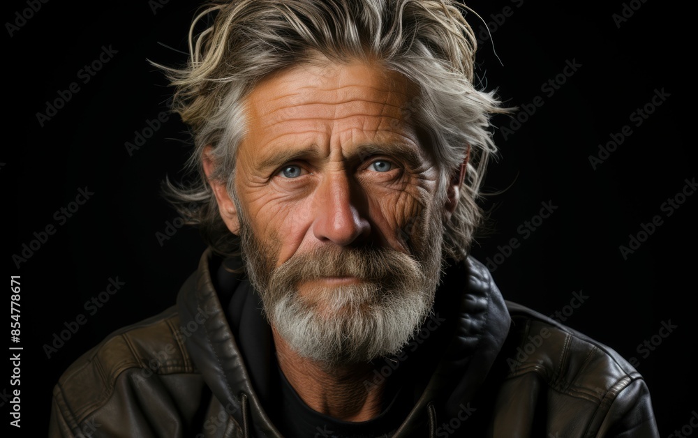 Obraz premium A man with a beard and a leather jacket is looking at the camera