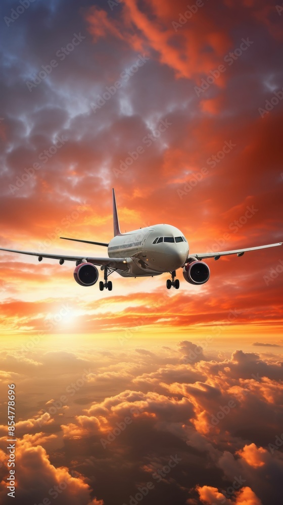 A white airplane flying through a cloudy sky with a sunset in the background A white airplane flying through a cloudy sky with a sunset in the background