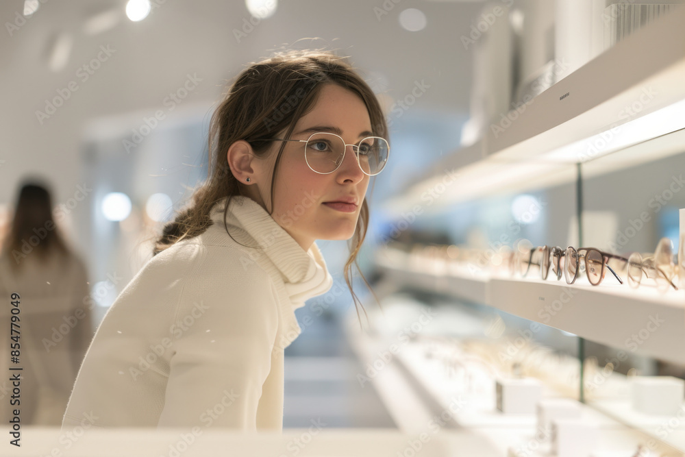 Young woman wearing eyeglasses is choosing a new pair of eyeglasses in an optical store Young woman wearing eyeglasses is choosing a new pair of eyeglasses in an optical store