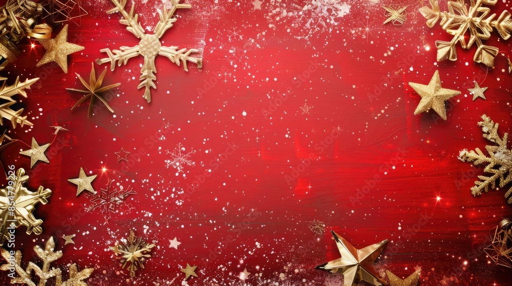 Red Background New Year s Card with Stars and Snowflakes Red Background New Year s Card with Stars and Snowflakes