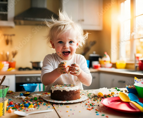 a playful hyperactive cute white toddler boy misbehaving and making a huge mess in a kitchen, throwing around cake and food at a birthday party celebration.	