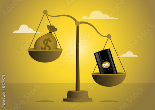 justice scales with oil barrel and money bag