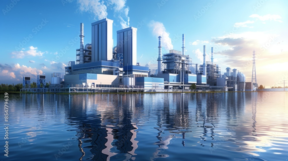 Fototapeta premium A large industrial complex with smokestacks and tall buildings sits on the edge of a body of water. The sky is blue and the water is calm, reflecting the buildings.