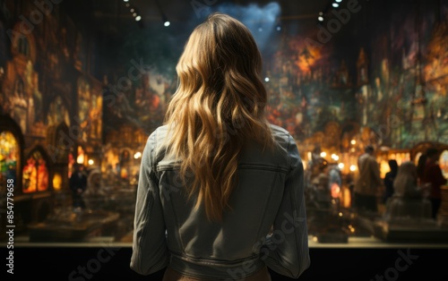 A woman stands in front of a large painting of a city © imagineRbc