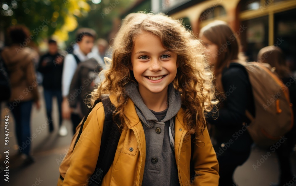 Fototapeta premium A girl with long hair is smiling and wearing a yellow jacket