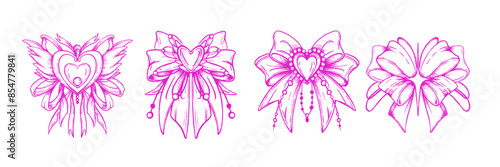 Doodle bow icon set, pink ribbon hand drawn vector collection, vintage cute hair girly accessory. Feminine romantic tattoo sketch, line bowknot cartoon design. Doodle bow festive heart brooch clipart