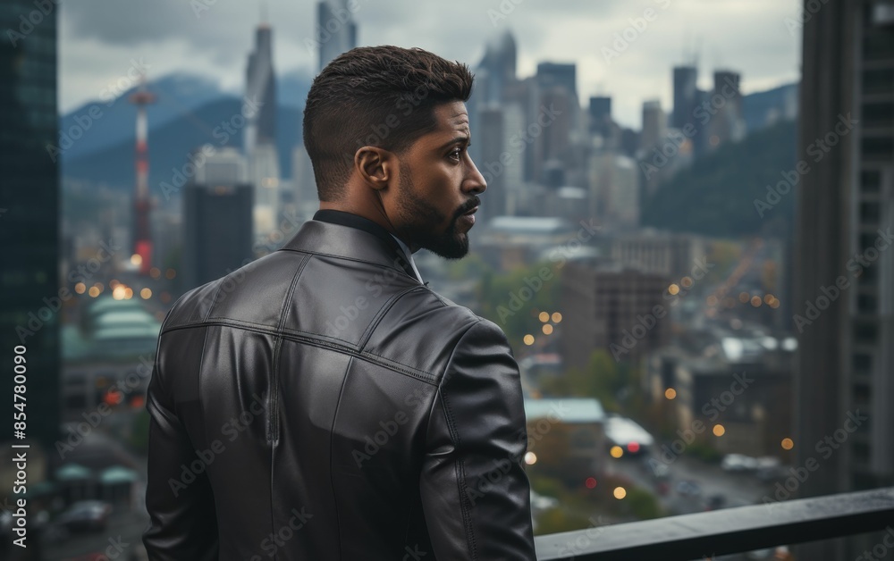 A man in a black leather jacket stands on a balcony overlooking a city A man in a black leather jacket stands on a balcony overlooking a city