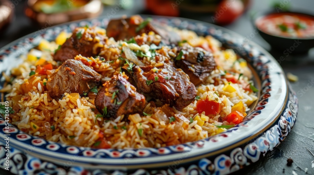 Authentic Kuwaiti machboos, a fragrant and flavorful spiced rice dish with tender chicken or lamb, beautifully presented on a decorative plate - a mouthwatering representation of the traditions. Authentic Kuwaiti machboos, a fragrant and flavorful spiced rice dish with tender chicken or lamb, beautifully presented on a decorative plate - a mouthwatering representation of the traditions.