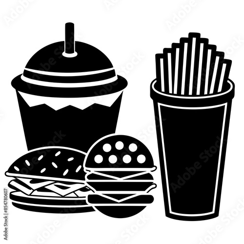 Hamburger soft drink and french fries, Fast food items vector Silhouette illustration.