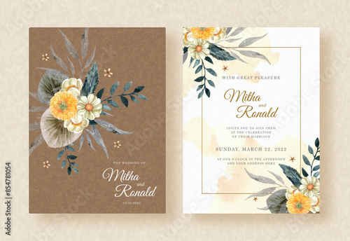 bouquet yellow flowers watercolor with brown frame on splash wedding invitation background