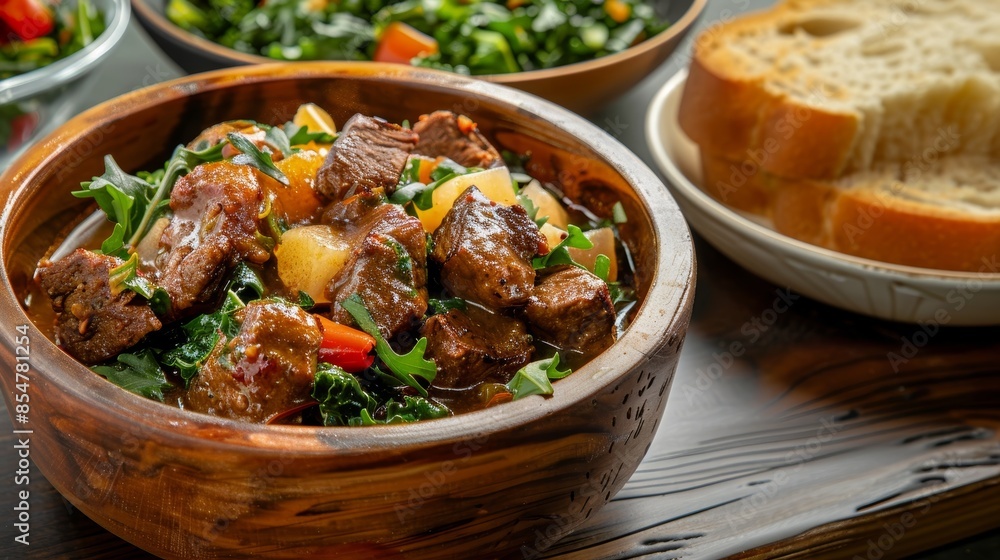 Zimbabwean sadza, a traditional cornmeal porridge, served in a wooden bowl with a side of greens and meat stew. This ethnic comfort food showcases the staple ingredients and homestyle cooking. Zimbabwean sadza, a traditional cornmeal porridge, served in a wooden bowl with a side of greens and meat stew. This ethnic comfort food showcases the staple ingredients and homestyle cooking.