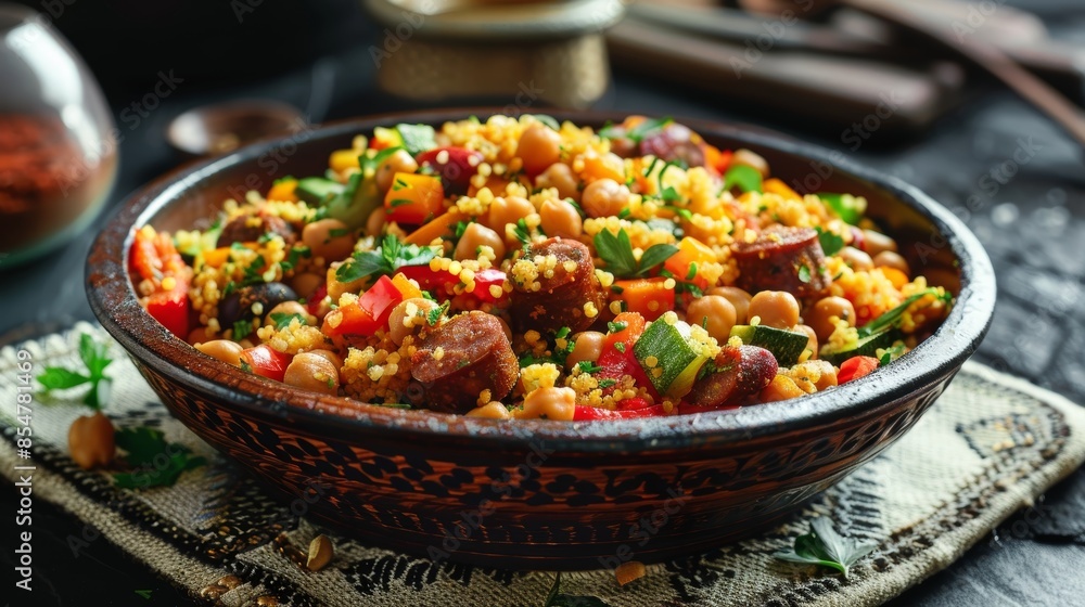 A vibrant bowl of Algerian couscous, featuring fluffy semolina grains with a medley of vegetables, chickpeas, and spicy merguez sausage. This traditional North African dish showcases bold flavors. A vibrant bowl of Algerian couscous, featuring fluffy semolina grains with a medley of vegetables, chickpeas, and spicy merguez sausage. This traditional North African dish showcases bold flavors.