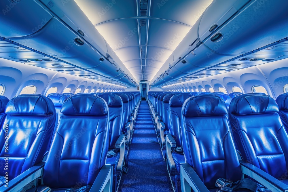 Naklejka premium Aerial Luxury: Cobalt Blue Airplane Interior