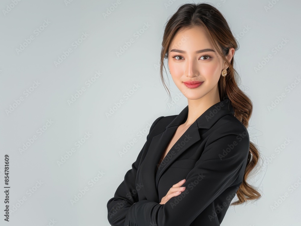 Businesswoman in a black suit, arms crossed, looking confident against a plain background Businesswoman in a black suit, arms crossed, looking confident against a plain background