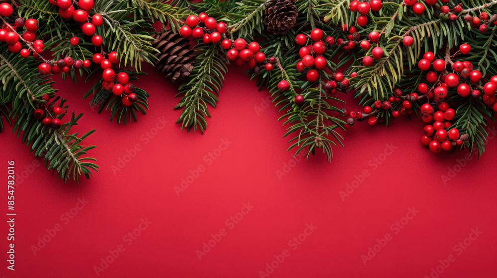 Christmas border design with fir branches, pine cones and red berries on red background, providing ample copy space Christmas border design with fir branches, pine cones and red berries on red background, providing ample copy space