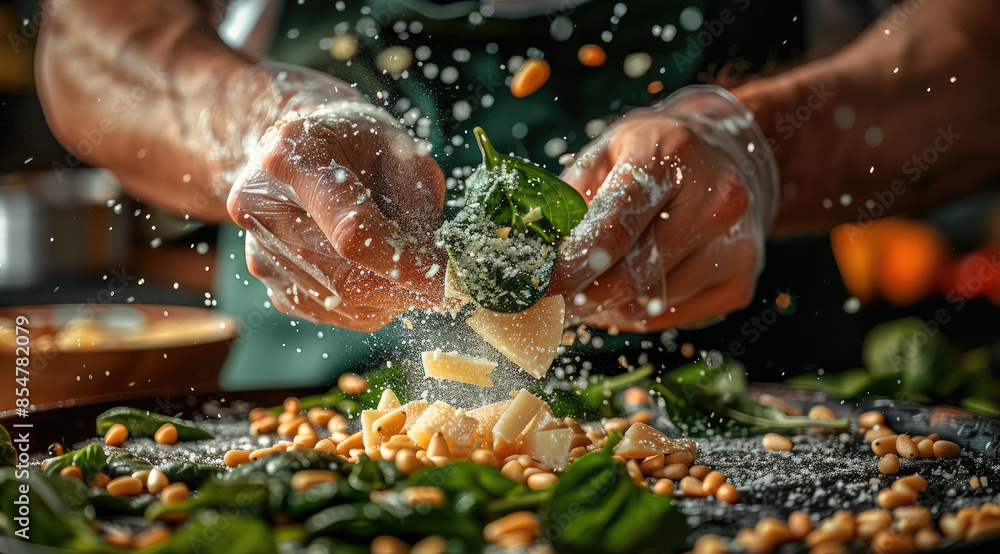A chef creating a gourmet dish with water spinach, pine nuts, and Parmesan cheese. Generative AI. A chef creating a gourmet dish with water spinach, pine nuts, and Parmesan cheese. Generative AI.