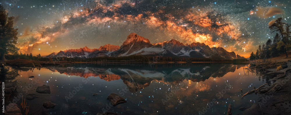 Naklejka premium A mystical lake reflecting the stars above, its surface shimmering with an otherworldly glow.
