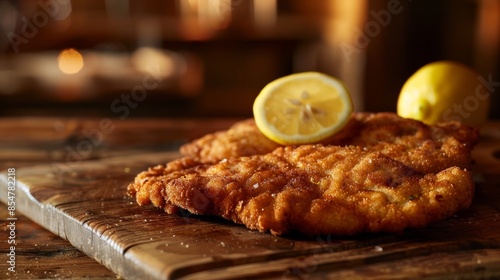 Classic German schnitzel, a tenderized pork cutlet that's breaded and fried to golden perfection, served on a rustic wooden cutting board with a fresh lemon wedge - a hearty traditional European dish. photo