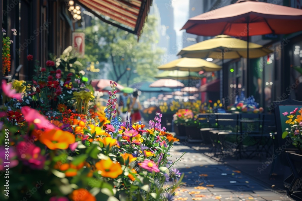 Experience the lively atmosphere of a bustling city street adorned with vibrant summer flowers and colorful umbrellas, providing shade for outdoor cafes. Experience the lively atmosphere of a bustling city street adorned with vibrant summer flowers and colorful umbrellas, providing shade for outdoor cafes.