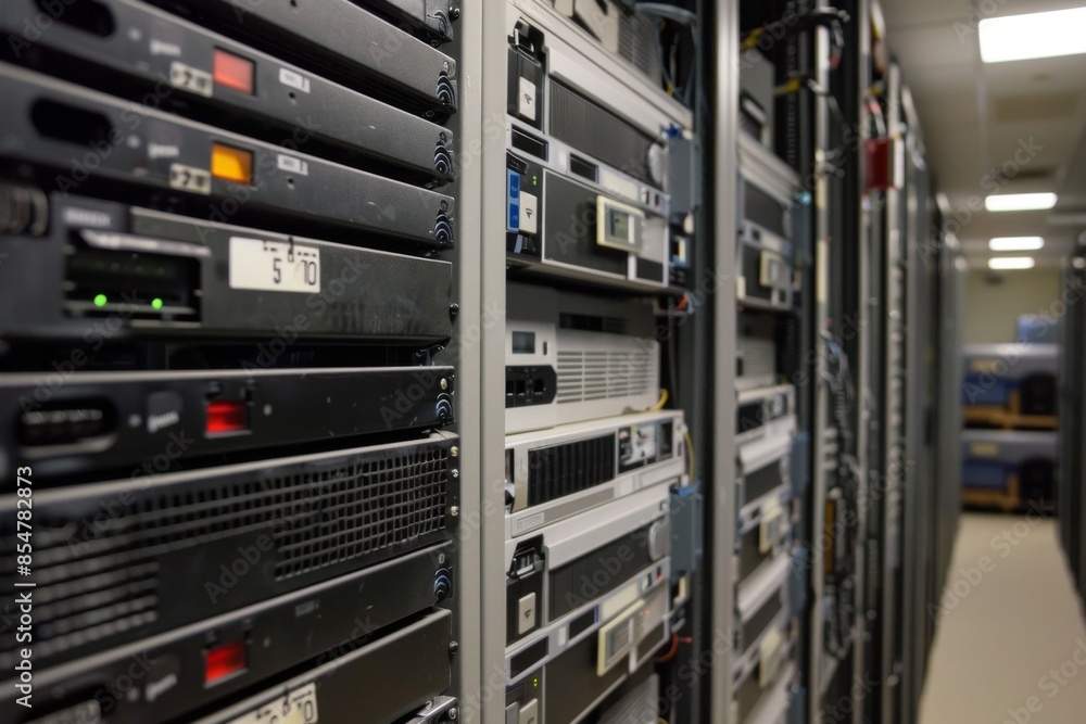 A high-tech server room featuring multiple hard drive arrays and backup tapes for secure data storage and protection. A high-tech server room featuring multiple hard drive arrays and backup tapes for secure data storage and protection.