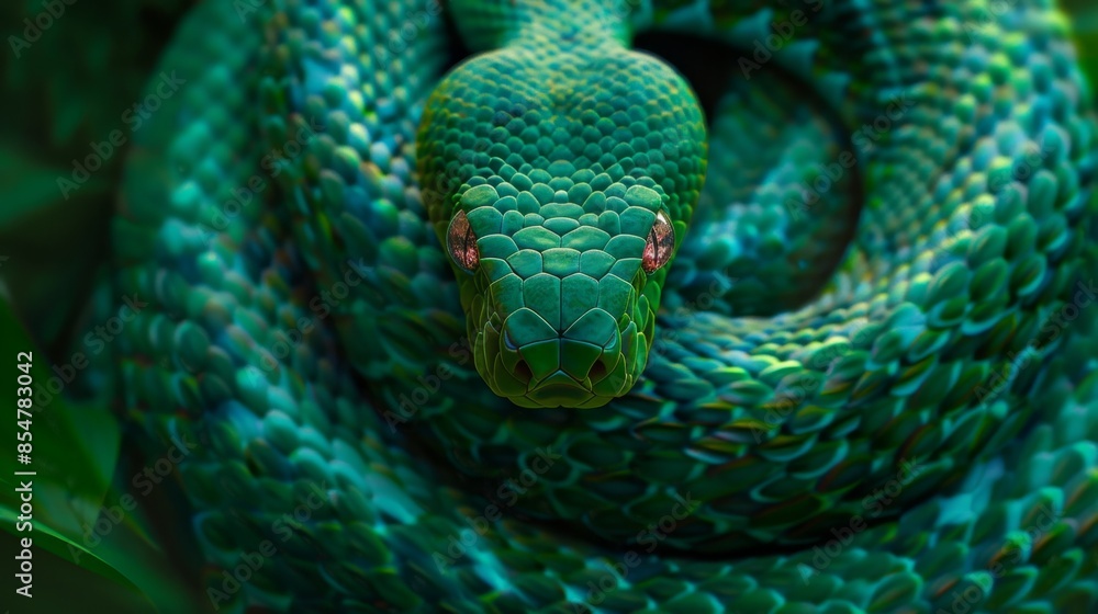 Fototapeta premium Close-Up of a Green Snake in the Wild, Generative AI