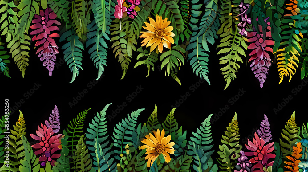Design an elegant frame background with lush ferns and colorful wildflowers growing symmetrically along the edges Design an elegant frame background with lush ferns and colorful wildflowers growing symmetrically along the edges