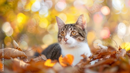 Cat with bokeh effect in autumn leaves looking up