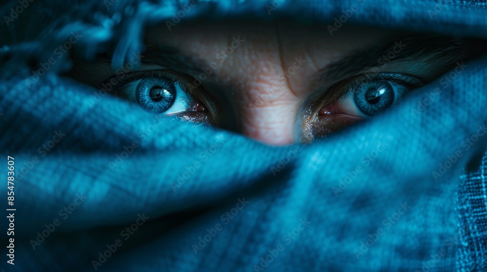 A man with blue eyes is wearing a blue scarf A man with blue eyes is wearing a blue scarf
