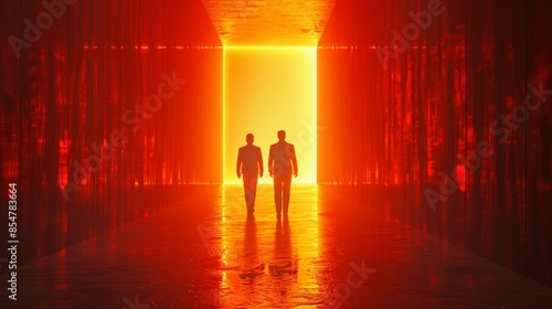 Two men walking through a long, narrow tunnel with orange walls