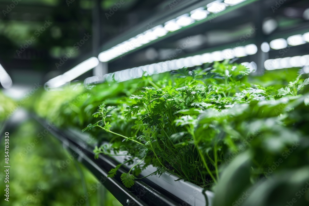 Vertical Farming Setup - Lush Plants in Hydroponic System with LED Lighting Vertical Farming Setup - Lush Plants in Hydroponic System with LED Lighting
