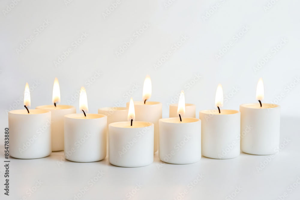 Row of burning white candles on white background Row of burning white candles on white background
