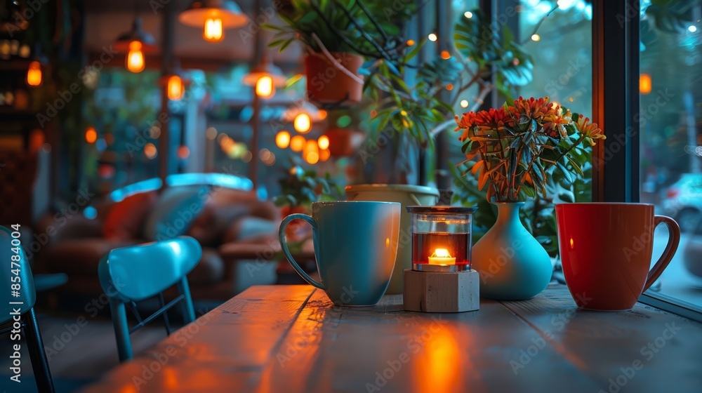 Cozy Cafe Evening with Colorful Mugs and Candlelight Ambiance Cozy Cafe Evening with Colorful Mugs and Candlelight Ambiance