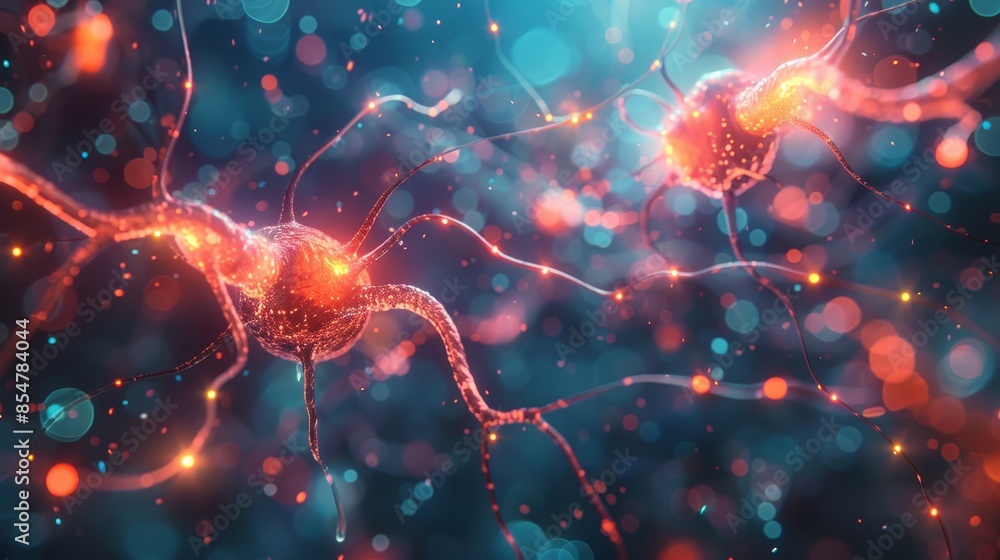 Two glowing red neurons in a blue background Two glowing red neurons in a blue background