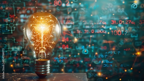Glowing light bulb on wooden table illuminates mathematical equations