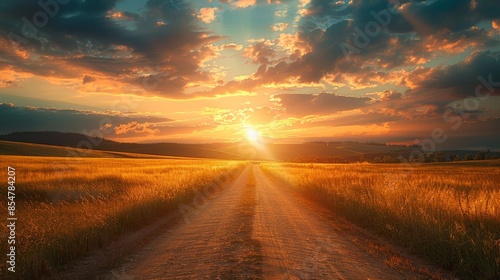 A road in a field with a sun setting in the background