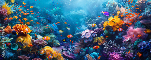 A vibrant coral reef teeming with life, with fish of all shapes, sizes, and colors darting among the colorful coral formations. photo