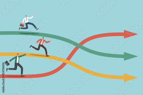 Opposite business vision, team players disagreement or team conflict, alternative choice to reach finish, market competition, different business development strategies, businessmen race along arrows.