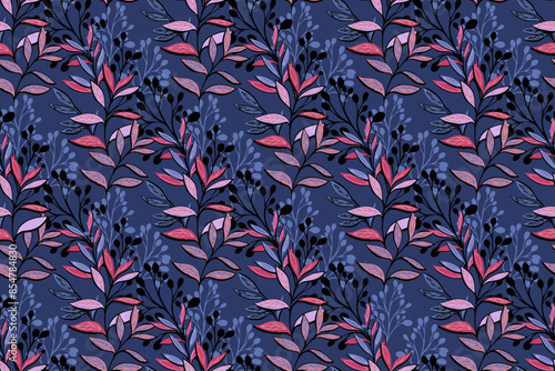 Abstract artistic jungle pattern with unique branches, leaves pattern on a dark blue background. Creative colorful botanical contemporary seamless print. Vector hand drawing illustration. Designs