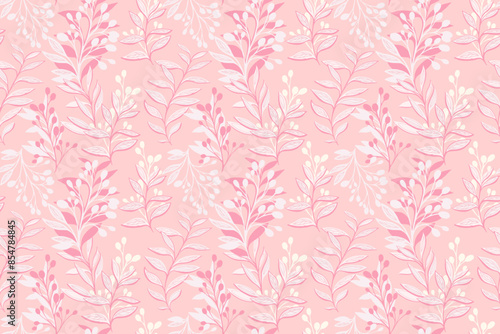 Pastel pattern with creative branches abstract shapes leaves. Stylized artistic botanical contemporary seamless printing on a pink background. Vector hand drawing illustration. Designs for fabric