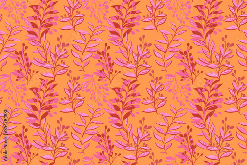 Colorful pattern with stylized art branches, abstract shapes leaves. Creative floral stems contemporary seamless printing on a vintage orange background. Vector hand drawing illustration. Designs